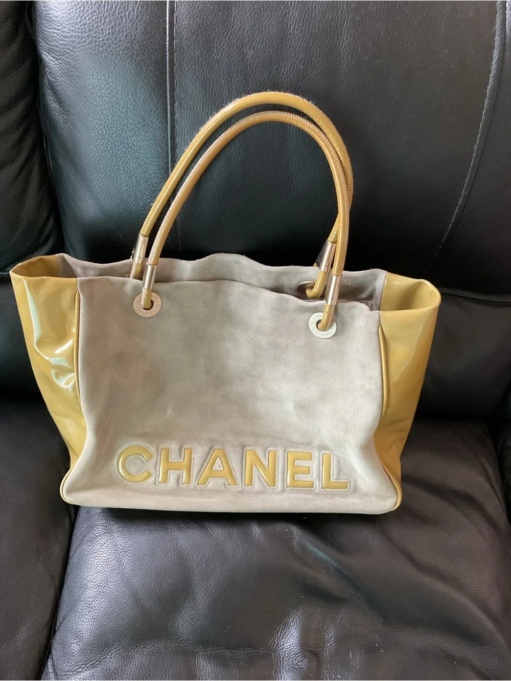 CHANEL Beige Suede Tote with Mustard Patent Trim and Camellia